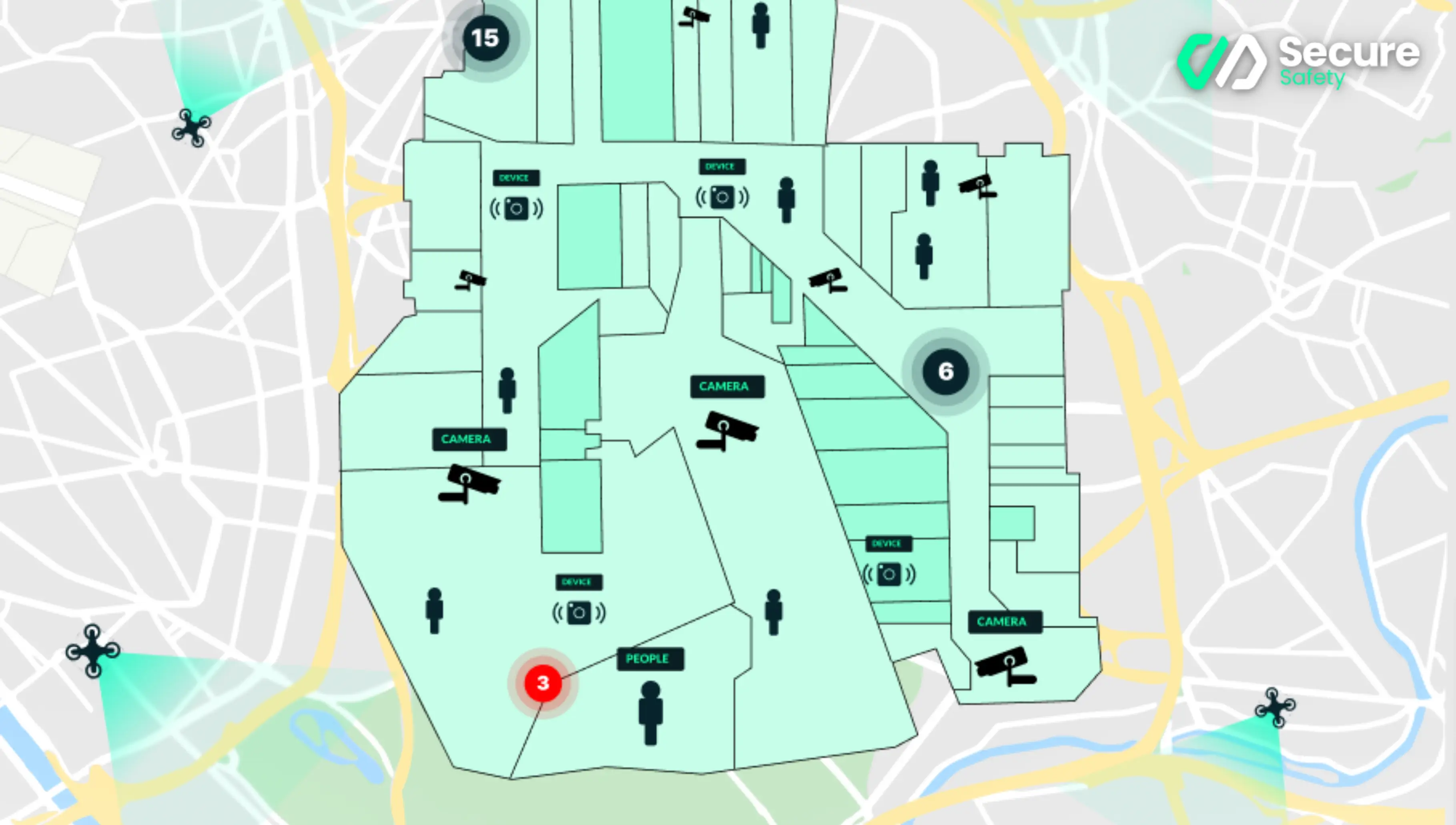 SecureSafety live site map showing camera coverage zones, beacon reader positions and blind-spot areas marked for coverage review